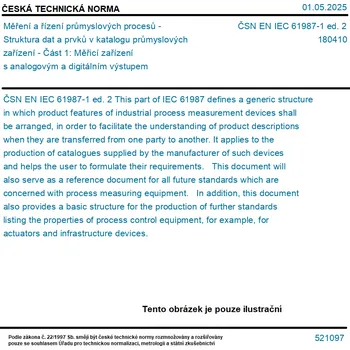 ČSN EN IEC 61987-1 ed. 2 - Měření a řízení průmyslových procesů - Struktura dat a prvků v katalogu průmyslových zařízení - Část 1: Měřicí zařízení s analogovým a digitálním výstupem - Tisk