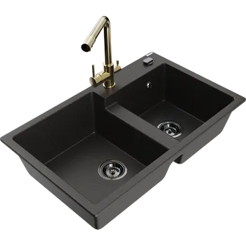 Granitový dřez Mexen Tomas granitový dřez dvoukomorový s kuchyňskou baterií Duero, černý/zlatý metalik - 6516-75-671600-50-B Granitové dřezy s baterií