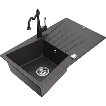Granitový dřez Mexen Cesar granitový dřez 1-komorový s odkapávačem a kuchyňskou baterií Carla, černý skvrnitý - 6514-76-670700-70 Granitové dřezy s baterií