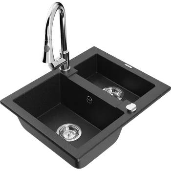 Granitový dřez Mexen Carlos granitový dřez 1,5-komorový s kuchyňskou baterií Elia, černá/stříbrná metalíza - 6518-73-670101-00 Granitové dřezy s baterií