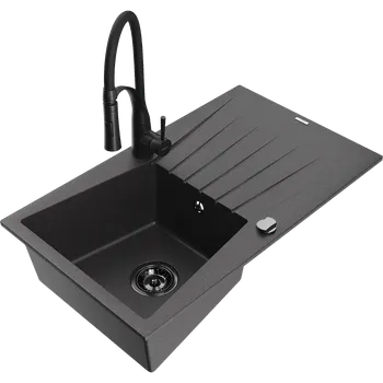 Granitový dřez Mexen Cesar granitový dřez 1-komorový s odkapávačem a kuchyňskou baterií Aster, černý skvrnitý - 6514-76-73450-70-B Granitové dřezy s baterií