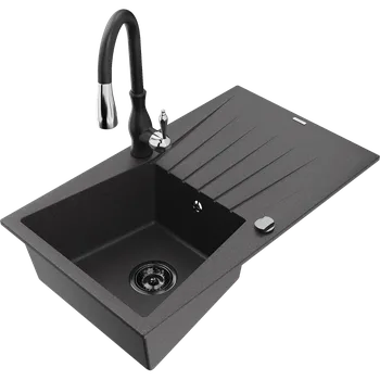 Granitový dřez Mexen Cesar granitový dřez 1-komorový s odkapávačem a kuchyňskou baterií Savita, černý skvrnitý - 6514-76-672601-70-B Granitové dřezy s baterií