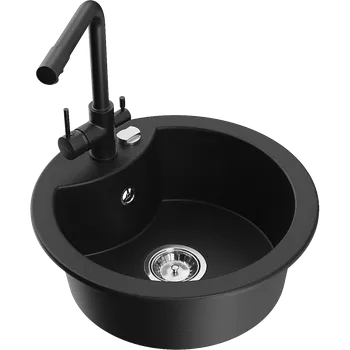 Granitový dřez Mexen Diego granitový dřez 1-komorový s kuchyňskou baterií Duero, černý - 6512-77-671600-70 Granitové dřezy s baterií