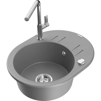 Granitový dřez Mexen Kevin granitový dřez 1-komorový s odkapávačem a kuchyňskou baterií Flora, šedý - 6517-71-670401-00 Granitové dřezy s baterií