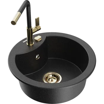 Granitový dřez Mexen Diego granitový dřez s 1 komorou a kuchyňská baterie Flora, černý/stříbrný metalický - 6512-73-670401-57-G Granitové dřezy s baterií