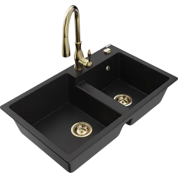 Granitový dřez Mexen Tomas granitový dřez 2-komorový s kuchyňskou baterií Savita, černý - 6516-77-672601-50 Granitové dřezy s baterií