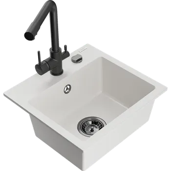 Granitový dřez Mexen Milo granitový dřez s 1 komorou a kuchyňskou baterií Duero, bílý - 6505-20-671600-70 Granitové dřezy s baterií