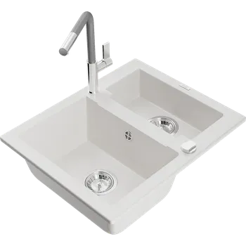 Granitový dřez Mexen Carlos žulový dřez 1,5 komorový s kuchyňskou baterií Flora, bílý - 6518-20-670401-06 Granitové dřezy s baterií