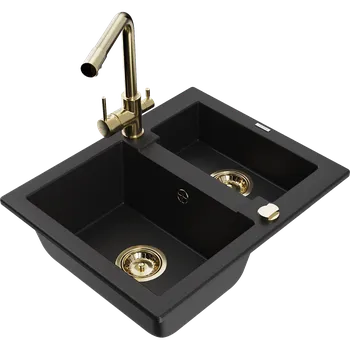 Granitový dřez Mexen Carlos granitový dřez 1,5komorový s kuchyňskou baterií Duero, černý - 6518-77-671600-50 Granitové dřezy s baterií