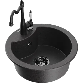 Granitový dřez Mexen Diego žulový dřez jednokomorový s kuchyňskou baterií Carla, černý skvrnitý - 6512-76-670700-70-B Granitové dřezy s baterií