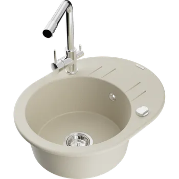 Granitový dřez Mexen Kevin granitový dřez 1-komorový s odkapávačem a kuchyňskou baterií Duero, béžový - 6517-69-671600-00 Granitové dřezy s baterií