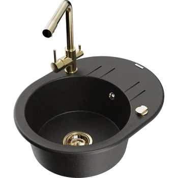 Granitový dřez Mexen Kevin granitový dřez 1-komorový s odkapávačem a kuchyňskou baterií Duero, černý/zlatý metalik - 6517-75-671600-50 Granitové dřezy s baterií