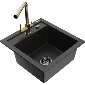 Granitový dřez Mexen Vito granitový dřez 1-komorový s kuchyňskou baterií Duero, černá/zlatý metalik - 6503-75-671600-50-B Granitové dřezy s baterií