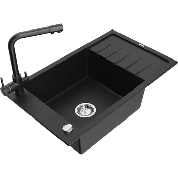 Granitový dřez Mexen Elias granitový dřez 1-komorový s odkapávačem a kuchyňskou baterií Duero, černý - 6511-77-671600-70 Granitové dřezy s baterií