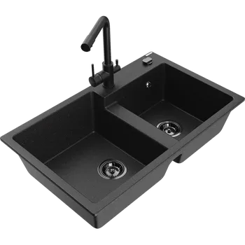 Granitový dřez Mexen Tomas granitový dřez 2-komorový s kuchyňskou baterií Duero, černá/stříbrná metalíza - 6516-73-671600-70-B Granitové dřezy s baterií