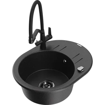 Granitový dřez Mexen Kevin granitový dřez 1-komorový s kuchyňskou baterií Duo, černý/stříbrný metalik - 6517-73-671701-70-B Granitové dřezy s baterií