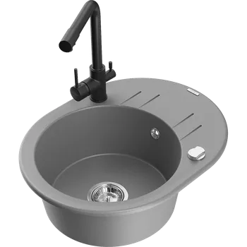 Granitový dřez Mexen Kevin granitový dřez 1-komorový s odkapávačem a kuchyňskou baterií Duero, šedý - 6517-71-671600-70 Granitové dřezy s baterií