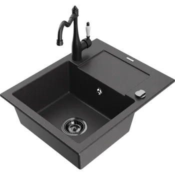 Granitový dřez Mexen Enzo granitový dřez 1-komorový s odkapem a kuchyňskou baterií Carla, černý skvrnitý - 6506-76-670700-70-B Granitové dřezy s baterií