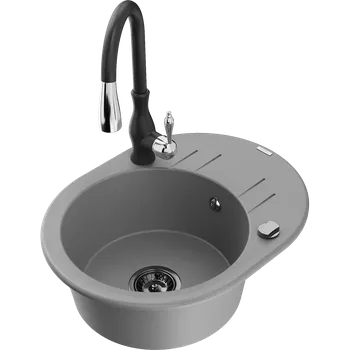 Granitový dřez Mexen Kevin granitový dřez 1-komorový s odkapávačem a kuchyňskou baterií Savita, šedý - 6517-71-672601-70-B Granitové dřezy s baterií