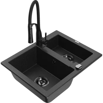 Granitový dřez Mexen Carlos granitový dřez 1,5-komorový s kuchyňskou baterií Aster, černý/stříbrný metalický - 6518-73-73450-70-B Granitové dřezy s baterií