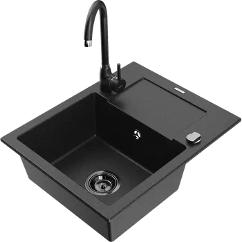 Granitový dřez Mexen Enzo granitový dřez 1-komorový s odkapávačem a kuchyňskou baterií Telma, černý/stříbrný - 6506-73-670200-70-B Granitové dřezy s baterií