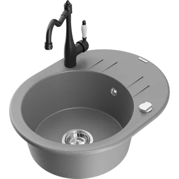 Granitový dřez Mexen Kevin granitový dřez 1-komorový s odkapávačem a kuchyňskou baterií Carla, šedý - 6517-71-670700-70 Granitové dřezy s baterií