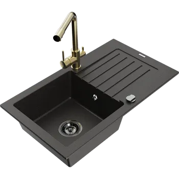 Granitový dřez Mexen Pablo granitový dřez 1-komorový s odkapávačem a kuchyňskou baterií Duero, černý/zlatý metalik - 6510-75-671600-50-B Granitové dřezy s baterií