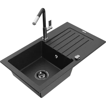 Granitový dřez Mexen Pablo žulový dřez 1-komorový s odkapávačem a kuchyňskou baterií Flora, černý/stříbrný metalik - 6510-73-670401-07-B Granitové dřezy s baterií
