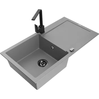 Granitový dřez Mexen Leo granitový dřez s jednou komorou a odkapávačem a kuchyňská baterie Rita, šedá - 6501-71-670300-70-B Granitové dřezy s baterií