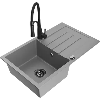 Granitový dřez Mexen Bruno granitový dřez 1-komorový s odkapávačem a kuchyňskou baterií Aster, šedý - 6513-71-73450-70-B Granitové dřezy s baterií