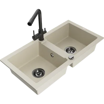 Granitový dřez Mexen Mario granitový dřez 2-komorový s kuchyňskou baterií Duero, béžový - 6504-69-671600-70 Granitové dřezy s baterií