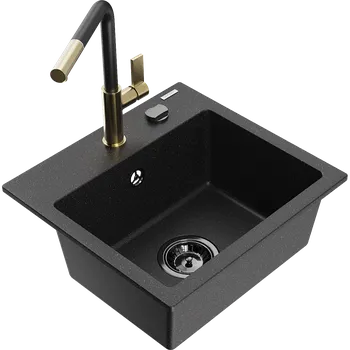 Granitový dřez Mexen Milo granitový dřez 1-komorový s kuchyňskou baterií Flora, černý/stříbrný metalik - 6505-73-670401-57-B Granitové dřezy s baterií