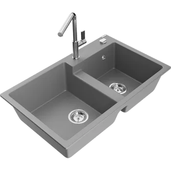 Granitový dřez Mexen Tomas granitový dřez 2-komorový s kuchyňskou baterií Flora, šedý - 6516-71-670401-00 Granitové dřezy s baterií