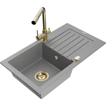 Granitový dřez Mexen Pablo žulový dřez s 1 komorou a odkapávačem a kuchyňská baterie Duero, šedá - 6510-71-671600-50 Granitové dřezy s baterií