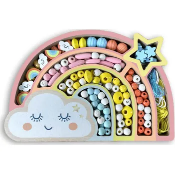 Dětské navlékací korálky Dřevěné pastelové korálky - Duha, 180 ks