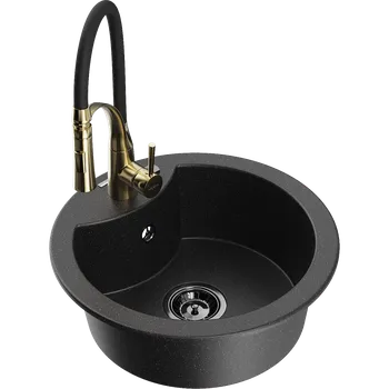 Mexen Diego granitový dřez 1-komorový s kuchyňskou baterií Aster, černý/stříbrný metalík - 6512-73-73450-57-B Granitové dřezy s baterií