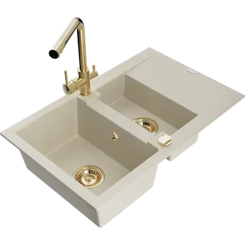 Granitový dřez Mexen Gaspar granitový 1,5-komorový dřez s odkapávačem a kuchyňskou baterií Duero, béžový - 6507-69-671600-50 Granitové dřezy s baterií