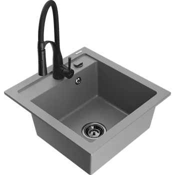 Granitový dřez Mexen Vito granitový dřez s 1 komorou a kuchyňskou baterií Aster, šedý - 6503-71-73450-70-B Granitové dřezy s baterií