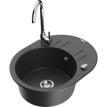 Granitový dřez Mexen Kevin granitový dřez 1-komorový s odkapávačem a kuchyňskou baterií Telma, černý se skvrnami - 6517-76-670200-00 Granitové dřezy s baterií