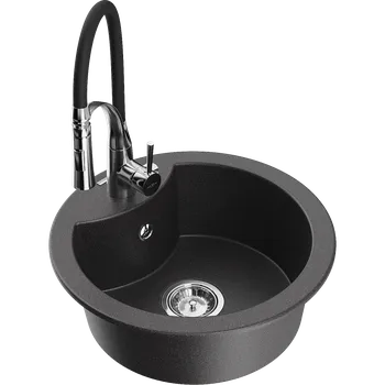 Granitový dřez Mexen Diego jednorázový granitový dřez s kuchyňskou baterií Aster, černý kropenatý - 6512-76-73450-07 Granitové dřezy s baterií
