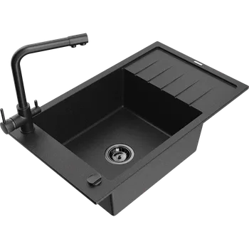 Granitový dřez Mexen Elias granitový dřez 1-komorový s odkapávačem a dřezovou baterií Duero, černý/stříbrný metalik - 6511-73-671600-70-B Granitové dřezy s baterií
