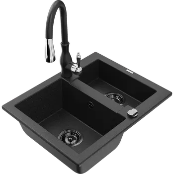 Granitový dřez Mexen Carlos dřez z granitu 1,5-komorový s kuchyňskou baterií Savita, černý/stříbrný metalik - 6518-73-672601-70-B Granitové dřezy s baterií