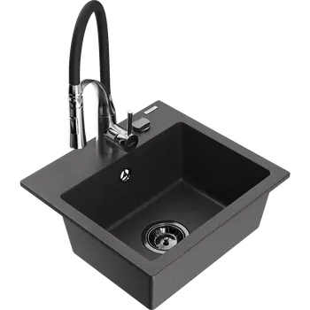 Granitový dřez Mexen Milo granitový jednodřez s kuchyňskou baterií Aster, černý kropenatý - 6505-76-73450-07-B Granitové dřezy s baterií
