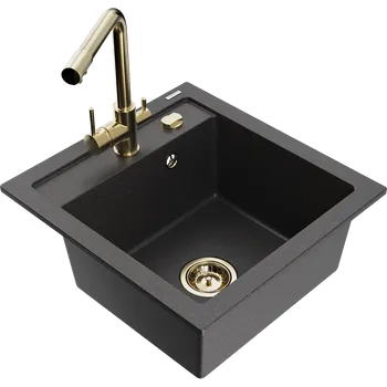Granitový dřez Mexen Vito jednokomorový granitový dřez s kuchyňskou baterií Duero, černý skvrnitý - 6503-76-671600-50 Granitové dřezy s baterií