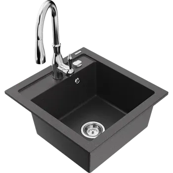 Granitový dřez Mexen Vito granitový dřez 1-komorový s kuchyňskou baterií Savita, černý s tečkami - 6503-76-672601-00 Granitové dřezy s baterií