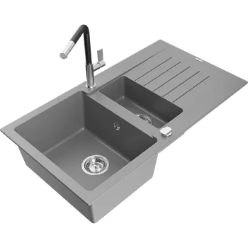Granitový dřez Mexen Matias granitový dřez 1,5-komorový s odkapávačem a kuchyňskou baterií Flora, šedý - 6502-71-670401-07 Granitové dřezy s baterií