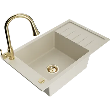 Granitový dřez Mexen Elias granitový dřez 1-komorový s odkapávačem a kuchyňskou baterií Elia, béžový - 6511-69-670101-50 Granitové dřezy s baterií