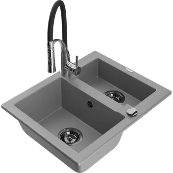 Granitový dřez Mexen Carlos granitový dřez 1,5-místný s kuchyňskou baterií Aster, šedý - 6518-71-73450-07-B Granitové dřezy s baterií