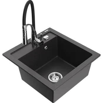 Granitový dřez Mexen Vito granitový dřez 1-komorový s kuchyňskou baterií Aster, černý kropenatý - 6503-76-73450-07 Granitové dřezy s baterií