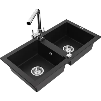 Granitový dřez Mexen Mario žulový dřez dvoukomorový s kuchyňskou baterií Duero, černý - 6504-77-671600-00 Granitové dřezy s baterií